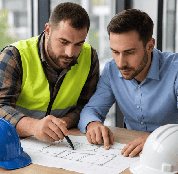 Profesionales de construcción revisando los planos de una vivienda