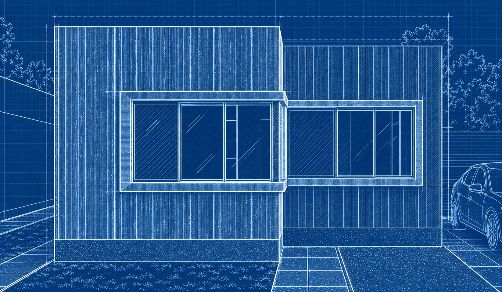 Plano tipo blueprint de una vivienda industrializada contemporánea