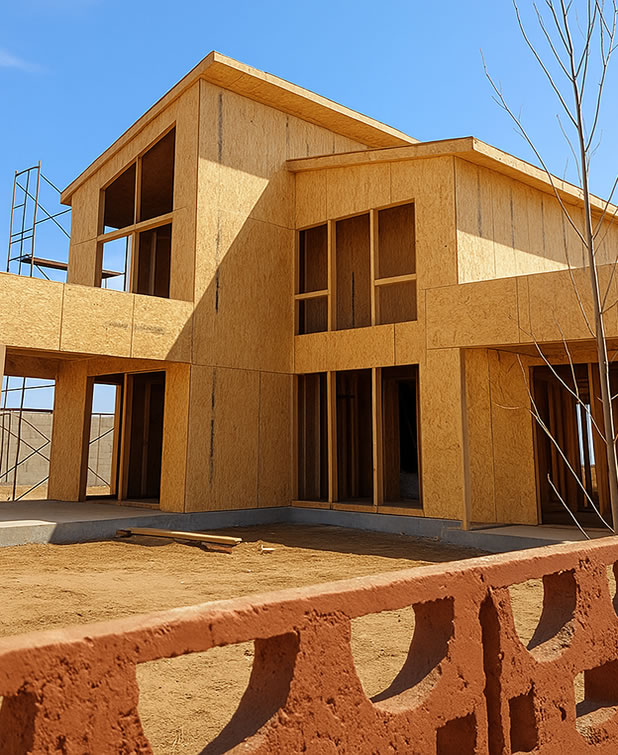 Casa moderna de dos pisos en proceso de construcción con paneles SIP, mostrando estructura de madera y andamios bajo un cielo despejado y soleado