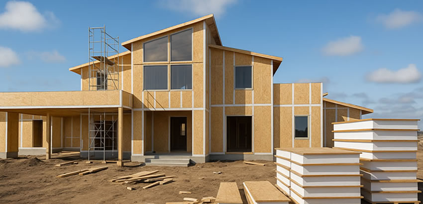 Casa moderna en proceso de construcción con paneles SIP, mostrando varias pilas de paneles apilados con núcleo blanco a la derecha del terreno. El cielo está despejado y azul, la estructura principal se ve avanzada y el suelo presenta restos de madera y materiales de obra, iluminados por la luz del mediodía